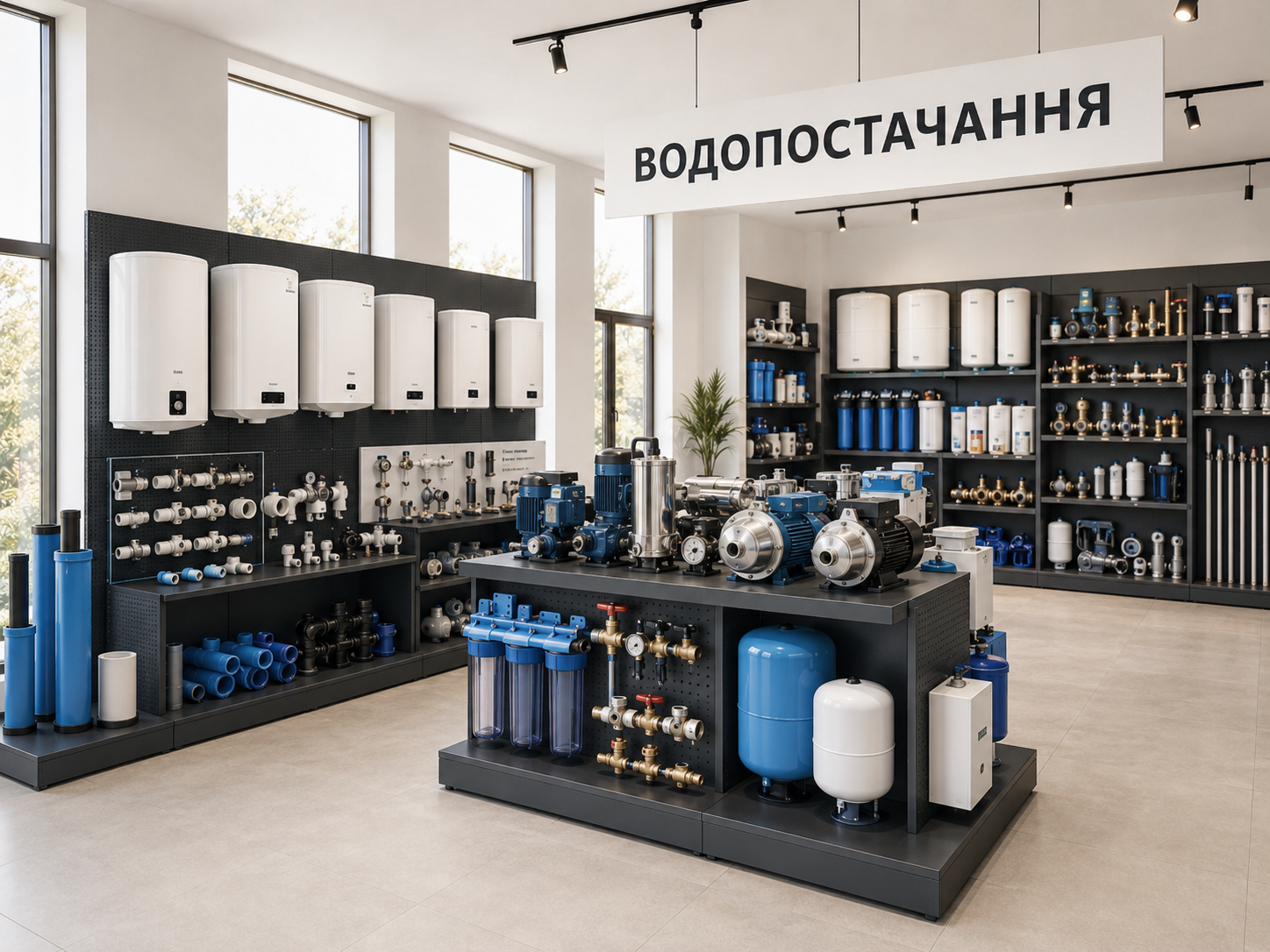 Експозиція обладнання для водопостачання: насоси, водонагрівачі, фільтри